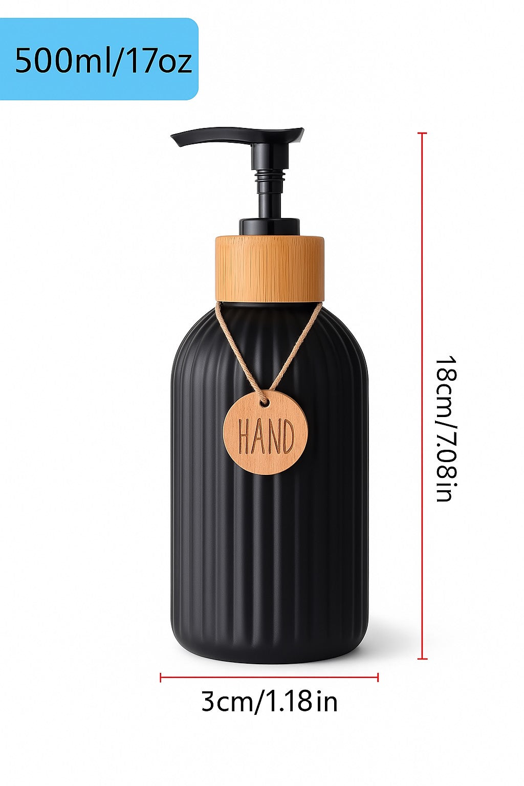 Black Ribbed Soap Dispenser Set with Wood-Style Tray