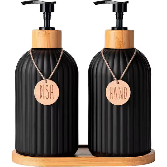 Black Ribbed Soap Dispenser Set with Wood-Style Tray