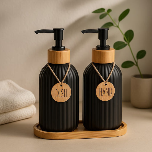 Black Ribbed Soap Dispenser Set with Wood-Style Tray
