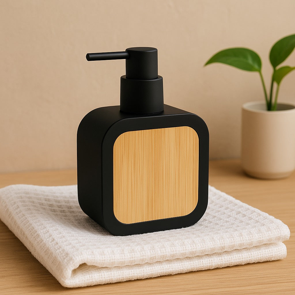Matte Black Soap Dispenser with Bamboo Accent