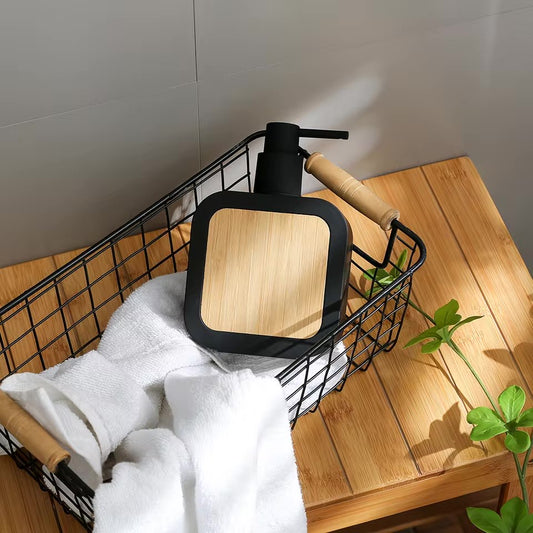 Matte Black Soap Dispenser with Bamboo Accent